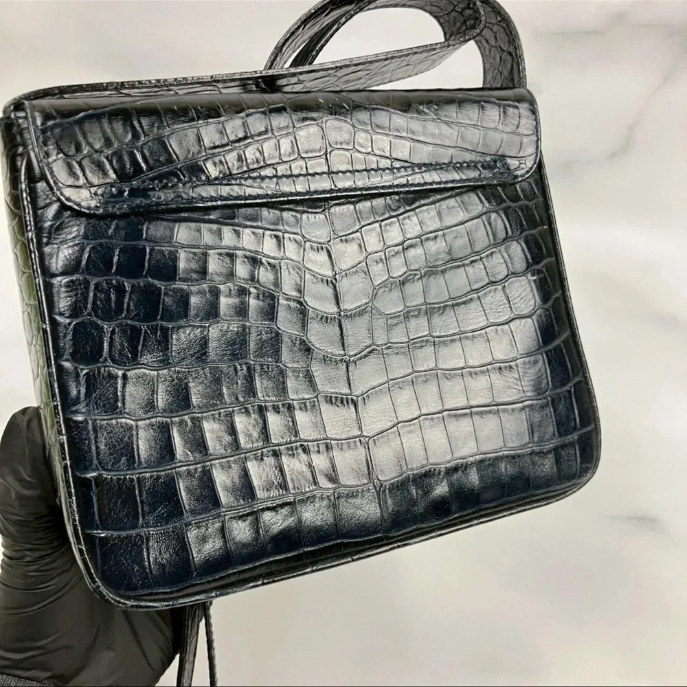 Salvatore Ferragamo Vintage Black Crocodile Embossed Leather Bag Gancini Italy